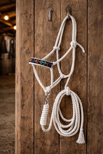 CHALLENGER Nylon Horse Western Rope Braided Halter Lead Beaded Noseband 606RTBeadedWhite - color: White/Turquoise