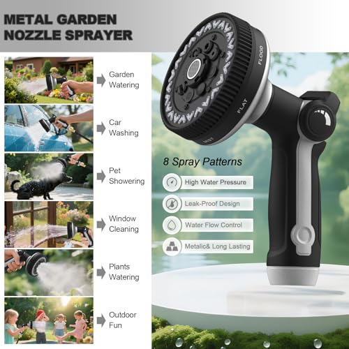 Garden Hose Nozzle | Heavy-Duty Metal Hose Sprayer Nozzle - 9cm/3.5" Ultra-Wide Spray, 8 Adjustable Nozzle Modes, Water Hose Nozzles for Watering, Cleaning, Pets & Car Washing (New Upgraded) - color: Grey+Black