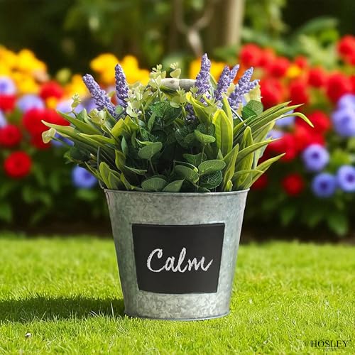 Hosley Galvanized Metal Chalkboard Bucket with Wooden Handle 7 Inch Dia – Set of 8 Rustic Farmhouse Floral Planter, Ideal for Home Décor, Office, Party, Wedding, Indoor, Outdoor or Tabletop Décor - size: 8 count