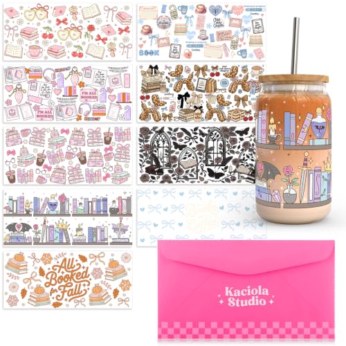 Kaciola 10 Sheets UV DTF Cup Wraps for 16 oz- Bookworm Theme UV DTF Stickers, 1 Sheet Mysterious Pattern Transfer, Rub on Transfers Stickers for 16 oz Libbey Glasses Crafting - style: Bookworm