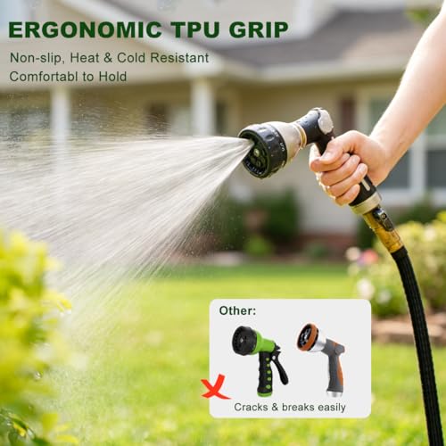 FANHAO Metal Thumb Control Garden Hose Nozzle Heavy Duty, 8 Spray Patterns | Rustproof Zinc Alloy, Non-Slip Ergonomic Grip, Leakproof High Pressure Water Nozzle Sprayer for Garden, Patio, Car & Pet - color: Black