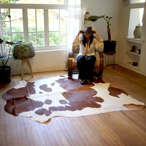 Chromatic Brown and White Cow Hide Rug 6x8 ft, Real Hide | Real cowhide rug, chromatic sheen on brown and white, no two alike. Cow skin statement anchor for modern interiors - color: Chromatic Brown & White, size: 6' x 8' (Oval)