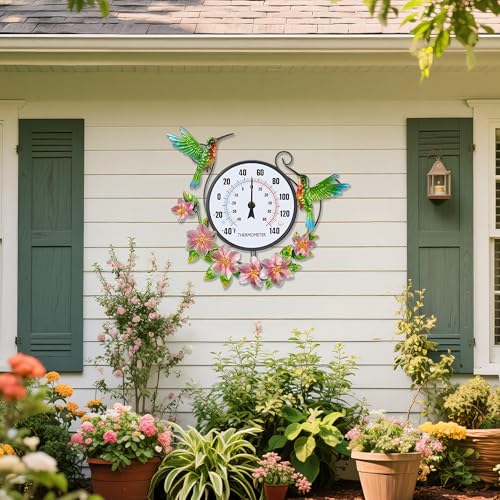 Outdoor Indoor Wall Thermometer with Hummingbird Metal Stake Outside Waterproof Decorative Temperature for Lawn Yard Pathway Patio No Batteries Required