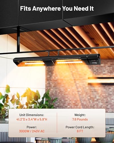 DR. INFRARED HEATER DR-239 3000W Indoor & Outdoor Infrared Patio Heater, Wall or Ceiling Mount, IP55 Weatherproof, Commercial or Residential, 220V-240V Electric Heater with Remote & Mounting Kit - size: 41.2 Inches