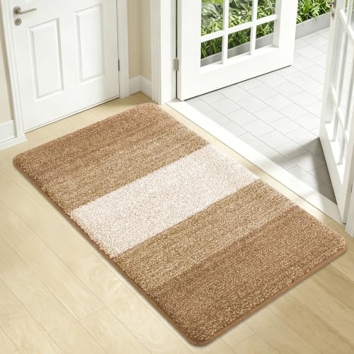 Kitinjoy Indoor Outdoor Door Mat, 34x21 Non-Slip Dirt Trapper Doormats | Camel Low-Profile Washable Inside Entrance Front Floor Mat, Sturdy Soft Entry Striped Doormats for Entryway - color: Camel, size: 34'' X 21''