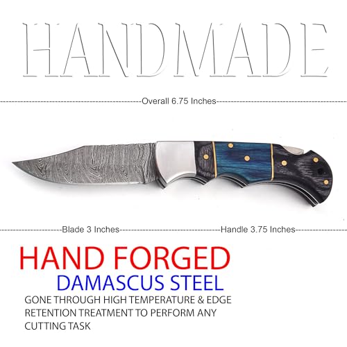 Poshland Steelware Custom Damascus Steel Folding Pocket Knife – Handmade, Compact for Outdoor, Camping, Hiking and Hunting (Blue Pakka Wood) - color: Blue Pakka Wood