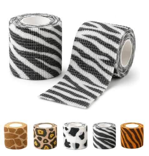 Premium Pet Vet Wrap — Non-Stick to Fur Self Adherent Bandage Wrap for Dogs, Cats & Horses, Breathable Cohesive Tape for Wounds, Paws & Legs, Animal Print Design - Pack of 2 - color: Zebra Print