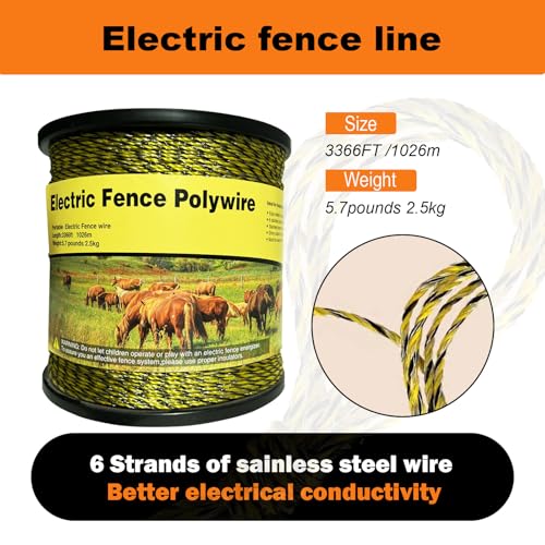 Electric Fence Polywire, 3366Ft/1026M, 1/8" Dia, Portable Wire | Upgraded polywire,Built with 6 stainless steel strands ,easy to roll up and carry for farm livestock fencing - size: 3366Ft/1026M