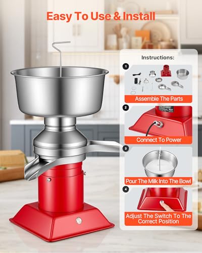 VEVOR Electric Milk Cream Separator, 60L/H Output 10500RPM Milk Cream Centrifugal Separator, 304 Stainless Steel Goat Cow Milk Skimmer Separating Machine with 4.5L Bowl Capacity (40W, 100-240V) - size: Square Base