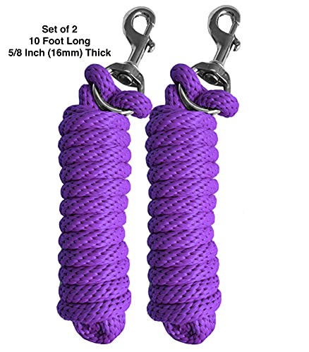 Majestic Ally Pack of 2 Solid Poly Lead Rope for Horses & Livestock – 10 Foot Long and 5/8 inch Thick - Replaceable Heavy-Duty Bolt Snap – Handmade – Soft, Broken in Feel (Purple) - color: Purple