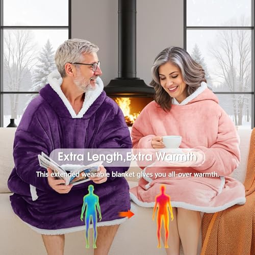 JOYWOO Pink Oversized Wearable Blanket Hoodie,Cat lovers Long Hoodie Blanket for Adult,Birthday Gifts for Women Men Mom,Cozy Sherpa Sweatshirt Hooded Blanket Giant Pocket Gifts,Mellow Rose Oversize - color: Mellow Rose, size: Oversize