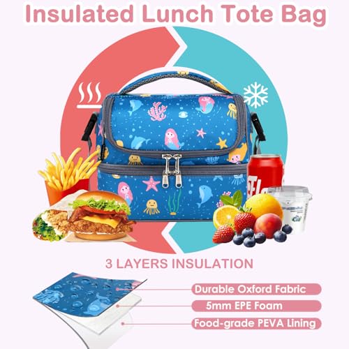 FlowFly Double Decker Cooler Insulated Lunch Bag Large Tote for Boys, Girls, Men, Women, With Adjustable Strap (Blue-Mermaid) - color: Blue-Mermaid