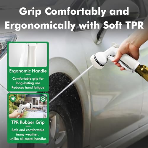 RESTMO Garden Hose Nozzle, Heavy Duty Metal Water Hose Nozzle with 7 Adjustable Spray Patterns, High Pressure Hand Sprayer with Flow Control, Best for Watering Plant & Lawn, Washing Car & Pet, White - color: White