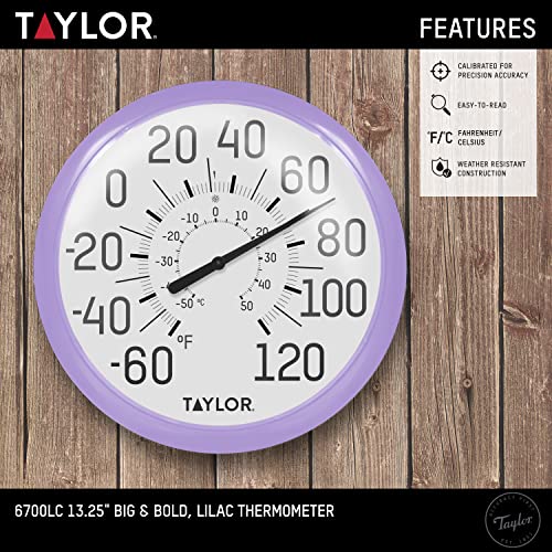 Taylor Big and Bold Wall Dial Thermometer, Indoor Outdoor Thermometer, Wireless Thermometer with Easy to Read Numbers for Patio, Pool, Garage and Indoor Areas, 13.25-inch, Lilac - color: Lilac, size: 13.25 inches (Pack of 1)
