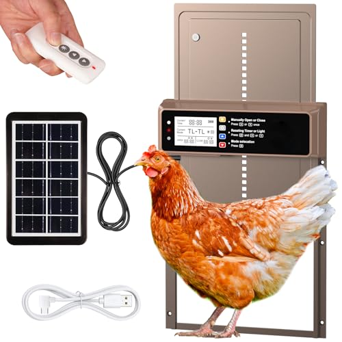 Automatic Chicken Coop Door Solar Powered with Timer & Light Sensor | Automatic Chicken Door with LCD Display, Chicken Door with Rang 20M Remote Control, Anti-Pinch Function & Made of Al-Alloy - color: Brown