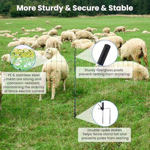 Electric Fence Netting, 42.5" H x 164'L, for Livestock, Cattle, Sheep, Goat | Electric Netting Fence, Pre-Assembled, 14 Posts Double Spiked, Portable Livestock Nets Used in Backyards, Farms and Ranches