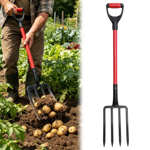4-Tine Garden Pitch Fork, 44-Inch Heavy Duty Digging Fork for Soil Loosening, Compost Turning & Mulch Moving – Ergonomic Fiberglass Handle Garden Fork - size: One Piece Fork 42.5Inch