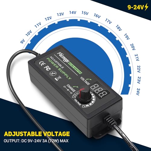 Facmogu Adjustable Power Supply 9V-24V 3A 72W, Variable Voltage Adapter | Universal Replacement AC/DC Power Adapter | With Digital Display | For Fan Speed Controller, DC Motor, Router & LED Lights - size: 9-24V 3A