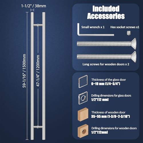 Ranbo 60" Door Pull Handle, 1.2mm 304 Stainless Steel, Brushed Nickel | 47-1/4" Hole Spacing, Fits 1/4"–3/4" Glass Doors and 1-3/8"–2-3/16" Wood Doors, for Entry, Commercial and Storefront Door - size: 60 inches/1.5 inches Cross Section Diameter
