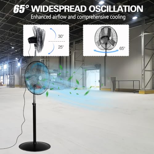BILT HARD 6450 CFM 24" High Velocity Pedestal Oscillating Fan, 3-Speed Adjustable Height Industrial Floor Fan with Aluminum Blades, Metal Shop Fan for Commercial, and Garage - size: 24 inch