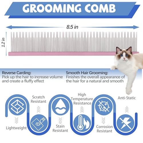 8.5 Inch Dual Tooth Pet Comb for Mats and Tangles，Professional Grooming Comb Removing Excess Hair for Long-Haired Cats and Dog Kit,Prevent Undercoat, Excess Hair,Mats and Tangles,Pet Essential - color: Navy