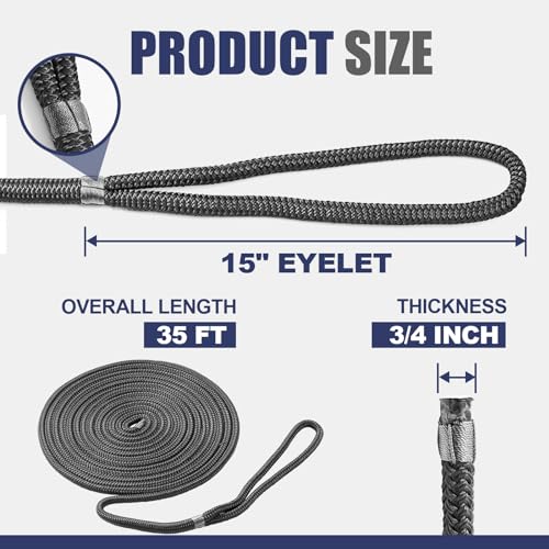TetherTite Boat Dock Lines 5/8 Inch 20/25/30 Ft,Double Braided Nylon Boat Dock Lines with Loop, Mooring Line Marine Rope (3/4" x35') - size: 3/4"x35'
