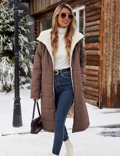 Yusongirl Women's Reversible Long Winter Puffer Coat with Hood and Fleece | Two wearable sides for winter commutes, school runs and city errands, with quilted warmth, soft fleece, a hood and pockets - color: Coffee, size: Small