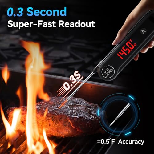 0.3s Instant Read Meat Thermometer, IP67 Waterproof (Black) | Rotating Display, Calibration Function, Ideal for Grill, BBQ, Frying and Kitchen Cooking - color: Black