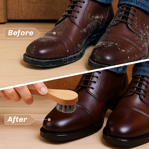 4 Pcs Horsehair Shine Shoes Brush Kit Polish Dauber Applicators Cleaning Leather Shoes Boots Care Brushes Suede Cleaner Brush with Microfiber Shoe Cloth(Wooden Handle B) - style: Wooden Handle B