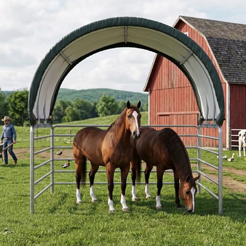 Polar Aurora 10'x10' Corral Shelter, Heavy Duty Round Style Canopy, Waterproof and UV Treated Canvas Cover, Easy Assembly Stable and Agricultural Storage and Shade Shed Kit for Livestock, Green - size: 10x10 FT