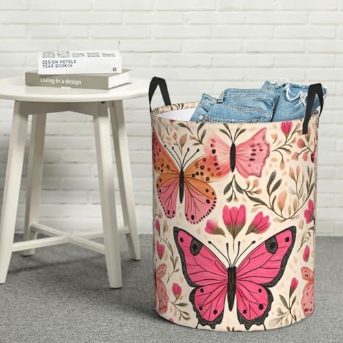 Laundry Basket Colored Pink Butterflies Collapsible Large Capacity,Dirty Clothes Basket Durable Lightweight Hamper With Handles Ideal For Clothes,Toys Home Organization size19.6iN *15.7in,63L - color: butterflies