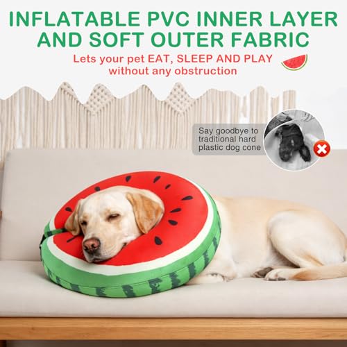SCENEREAL Recovery Donut Collar for Medium Large Dogs, Soft Dog Cone | Inflatable Cone Collar Alternative After Surgery, Adjustable Neck Donut to Stop Licking, Watermelon Print E-Collars - color: Red Watermelon, size: L(Neck 16"-18")