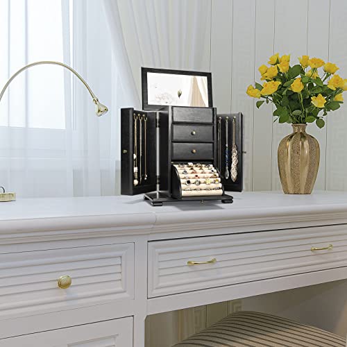 Emfogo Jewelry Box for Women, Rustic Wooden Jewelry Boxes & Organizers with Mirror, 4 Layer Jewelry Organizer Box Display for Rings Earrings Necklaces Bracelets (Black) - color: Black