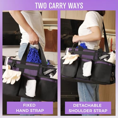 SCAVATA Wearable Cleaning Caddy, Cleaning Caddy Supplies Organizer with Handle & Shoulder Straps for Housekeepers, Under Sink & Car Cleaning Tool Organizers Bag with 4 Foldable Divider (Purple) - color: Purple