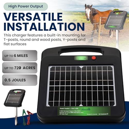 My Animal Command Solar Power Electric Fence Energizer Charger 0.5 Joules | Lithium Ion Battery, Containment, Protection, Livestock, Pet, Horses, Cattle, Sheep, Earthing rod included - size: MAC6ML 0.5 Joules