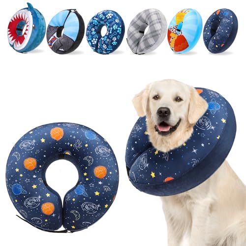 SCENEREAL Soft Dog Cone Alternative After Surgery for Large Medium Dogs | Inflatable Recovery Pillow Collar for Dogs, Adjustable Neck Donut to Stop Licking, Planet Print E-Collar,L - color: Navy Blue Planet, size: L(Neck 16"-18")