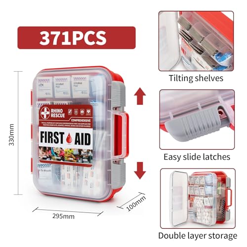 RHINO RESCUE 371pcs OSHA First Aid Kit for Home & Business | OSHA Compliant, Wall-Mount, All-Purpose 100-Person, Dual-Layer Hard Case, HSA/FSA Approved - size: 350 Piece