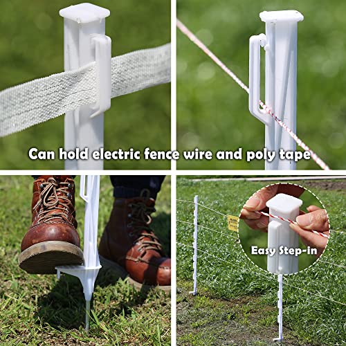 FENSMILE 25 Pack 48Inch Step-in Electric Fence Posts with Clips, White | Temporary Fencing · 8 Integrated Clips · Reinforced Steel Spike · For Garden and Farm