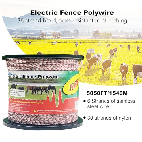 Fence Rope,Upgraded Electric Fence Polywire,6 Stainless Steel Strands for Reliable Conductivity and Rust Resistance UV Resistant,5050 Feet/1540 Meters,Red and White Color - size: 5050Feet