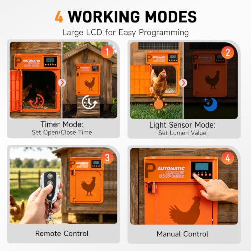Automatic Chicken Coop Door with Solar Panel | Upgrade Door Opening, Anti-Pinch, Remote Control, Timer & Light Sensor, Weather Proof, 4 Modes, Easy Install - color: Orange