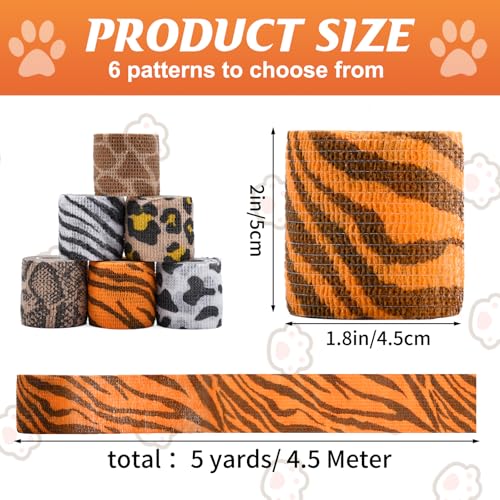 6 Roll 2 Inch x 5 Yards Jungle Safari Animal Print Pet Vet Wrap for Dogs Cats, Cohesive Bandages in Bulk, Non-Woven Self Adhesive Bandages Wrap Roll for Animals Wound Care, Ankle Sprains and Swelling