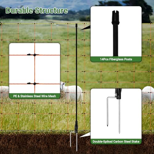 Electric Netting 35.4"H x 164'L | with Posts and Double-Spiked Stakes, Portable Electric Fence Netting for Backyards, Homesteads, Gardens, Farms, and Ranches - size: 35.4"H x 164'L