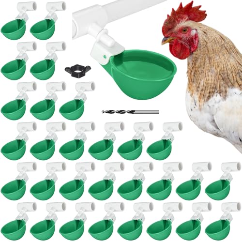LemonRoad 30 Set Automatic Chicken Waterer Cups with 1/2" PVC Tee Fitting Chicken Drinking Bowl, Poultry Drinker Mounting Hole Opener,Water Dispenser Feeder for Duck, Goose, Turkey, Pigeon(Green) - color: Green