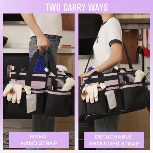 SCAVATA Wearable Cleaning Caddy, Cleaning Caddy Supplies Organizer with Handle & Shoulder Straps for Housekeepers, Under Sink & Car Cleaning Tool Organizers Bag with 4 Foldable Divider (Lilac) - color: Lilac