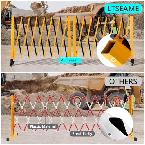 23FT Industrial Expandable Barricade Folding Security Gate with Wheels,Retractable Driveway Gate with Aluminum Fence - color: Yellow, size: 23 feet