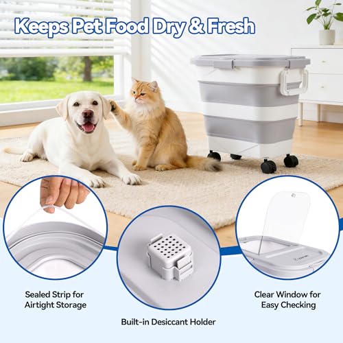 Dog Food Storage Container 30-40lbs, Airtight Pet Food Bin w/ Clear Window | Collapsible Rolling Storage Container with Wheels; Foldable Bucket with Locking Lid & Scoop; Gray - color: Gray-L