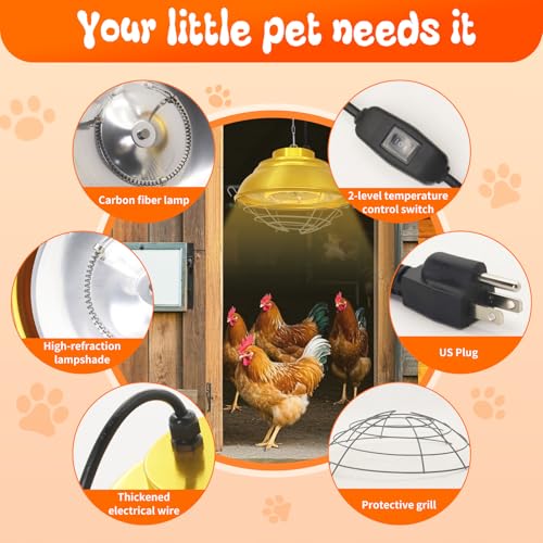 Chicken Coop Heater, 600W, Carbon Fiber Bulb, Adjustable 2-Mode | Heat Lamp for Chickens Brooder, Adjustable Hanging Height, For Chick, Puppy, Cat, Goat, Piglet