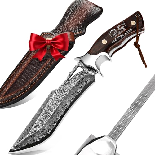 Real Damascus Hunting Knife, 10.4" VG10 Bowie Leather Sheath | 67-layer forged craftsmanship with authentic rosewood grip and durable cowhide exterior cover for outdoor camping tasks - style: Damascus Steel-1