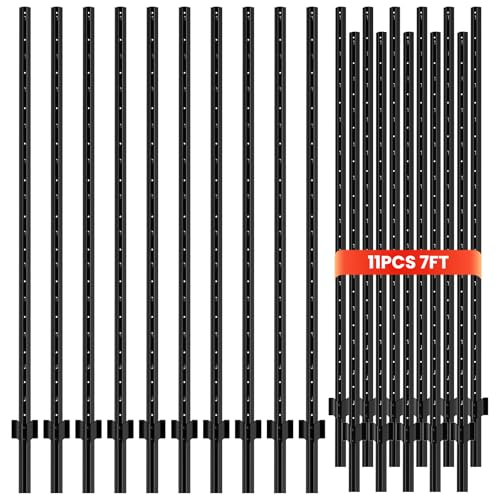 11 Pack Metal Fence Posts,7 FT Garden Fence Post,T Post for Wire Fence, No Dig Steel U Post Fencing，Black Garden Stakes for Temporary Fencing, Electric Fence Wire, Corner Anchor - size: 7ft-11PCS