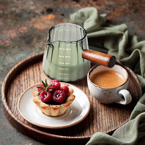 Joeyan 6 oz Grey Glass Measuring Cups with Spout,Borosilicate Glass Triple Pitcher with Scale,Origami Style Espresso Shot Glasses with Wood Handle for Coffee Milk,Dishwasher Safe - color: 6 Oz Grey Single Spout Clear Measuring Cup